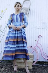 Ladies Blue Digital Printed Fit and Flare Long Dress