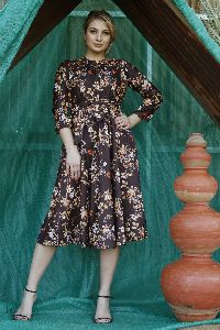 Ladies Brown Floral Printed Fit and Flare Long Dress