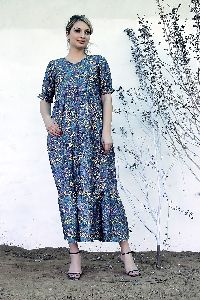 Ladies Floral Printed V Neck Fit and Flare Long Dress