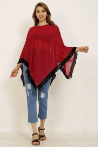 Ladies Maroon Round Neck Lace Border Poncho