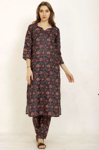 Ladies Navy Blue V Neck Kurta with Pant