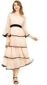 Ladies Peach Bell Sleeve Layered Long Dress