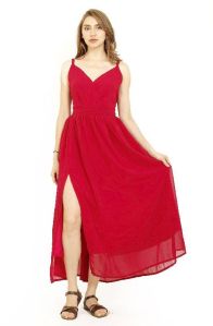 Ladies Red Sleeveless High Slit Long Dress