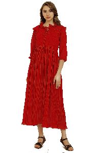 Ladies Red Tie Up Neck Fit and Flare Long Dress