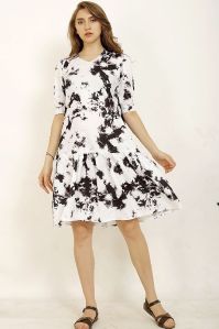 Ladies White Tie Dye Printed V Neck A Line Dress