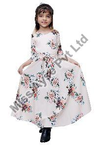 Girls Beige Floral Printed V Neck Fit and Flare Gown with Belt