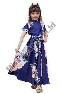 Girls Blue Floral Printed Band Neck Fit and Flare Dress