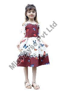 Girls Butterfly Printed Round Neck A Line Dress