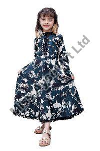 Girls Dark Green Floral Printed Round Neck Fit and Flare Gown