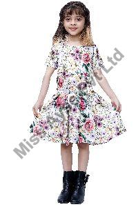 Girls Floral Printed A Round Neck Line Short Dress With Belt