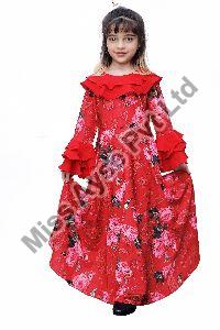 Girls Maroon Floral Printed Round Neck Fit and Flare Gown