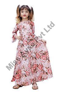 Girls Multicolor Floral Printed Keyhole Neck Fit and Flare Gown