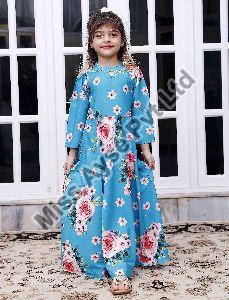 Girls Sky Blue Floral Printed Band Neck Fit and Flare Dress