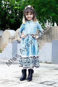 Girls Sky Blue Printed Band Neck A Line Dress with Belt
