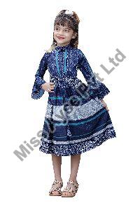 Girls Striped Printed A Line Dress With Belt