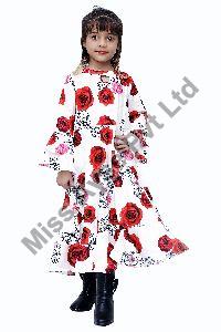 Girls White Floral Printed Keyhole Neck A Line Dress