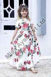 Girls White Floral Printed Keyhole Neck Fit and Flare Gown