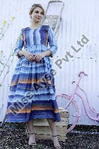 Ladies Blue Digital Printed Fit and Flare Long Dress