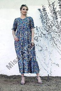 Ladies Floral Printed V Neck Fit and Flare Long Dress
