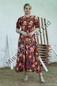 Ladies Multicolor V Neck With Button Fit And Flare Long Dress