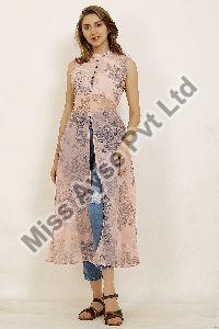 Ladies Peach Band Collar Neck High Slit Dress