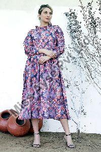 Ladies Purple Geometric Printed Fit and Flare Long Dress