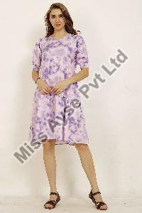 Ladies Purple Tie Dye Printed V Neck A Line Dress