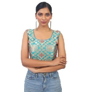 Green Cotton Golden Banarasi Print Blouse