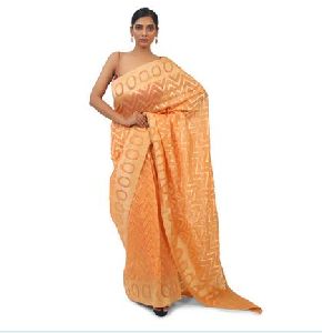 Zig Zag Print Light Orange Organza Saree