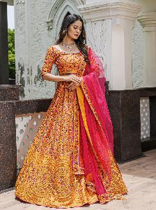 Red-Orange Colored Banarasi Silk Lehenga With Gotta Patti Work