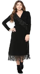 Ladies Black Woolen Lycra Tasseled Dress