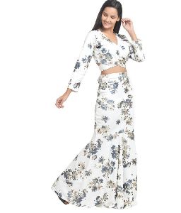 Printed Fish Cut Long Skirt with Overlapping Blouse