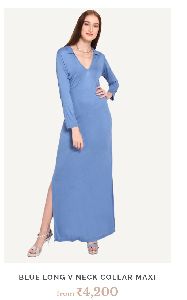 Viscose lycra Blue V Neck Collar Maxi Dress