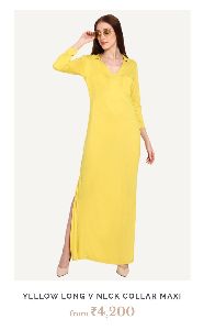 Viscose lycra Yellow V Neck Collar Maxi Dress