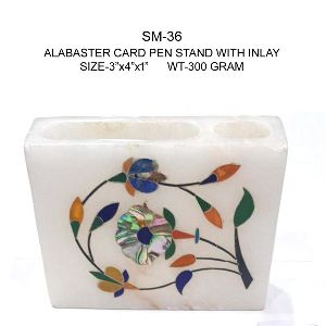 Alabaster Stone Card Pen Stand With Inlay Work
