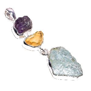 Aquamarine Citrine Raw Gemstone 925 Sterling Silver Pendant