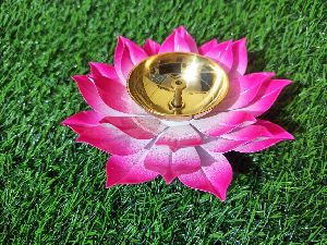 Lotus Diya Pink color Kamalpatta Diya 6 inch Brass Table Diya