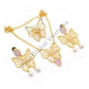 Pink Rose Quartz Gold Plated Necklace Set