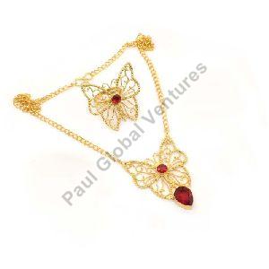 Red Garnet Quartz Gemstone Gold Plated Necklace Ring Set