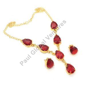 Red Garnet Quartz Gold Plated Earring Necklace Set