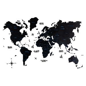 2D Wooden World Map Obsidian Black