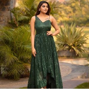 Gorgeous Green Sequence Work Party Wear Gown