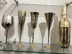 Brass wine cups & bottle