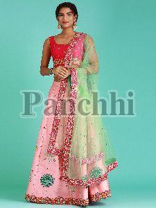 5481 Coral Pure Silk Mirror Work Lehenga Choli