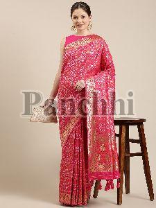 MT195 Pink and Gold Satin Paisley Zari Banarasi Saree