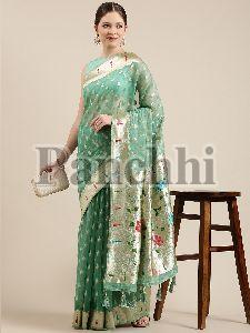 PB019 Green and Golden Organza Paisley Zari Woven Banarasi Saree