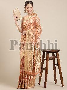 PB033 Peach and Golden Organza Paisley Zari Woven Banarasi Saree