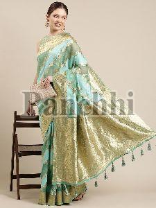 SN047 Green and Golden Organza Paisley Zari Woven Banarasi Saree