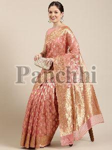 SN074 Peach and Golden Organza Paisley Zari Woven Banarasi Saree