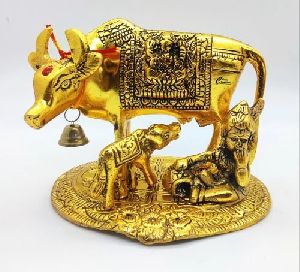 Kamdhenu Cow with Calf and Krishna Statue